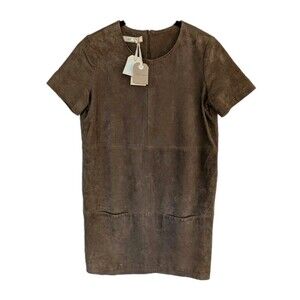 NWT Sessun Genuine Real Leather Suede Brown Shift Mini Dress Medium